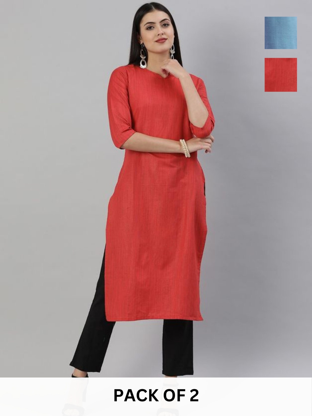 

KALINI Selection Of 2 Round Neck Straight Kurtas, Red