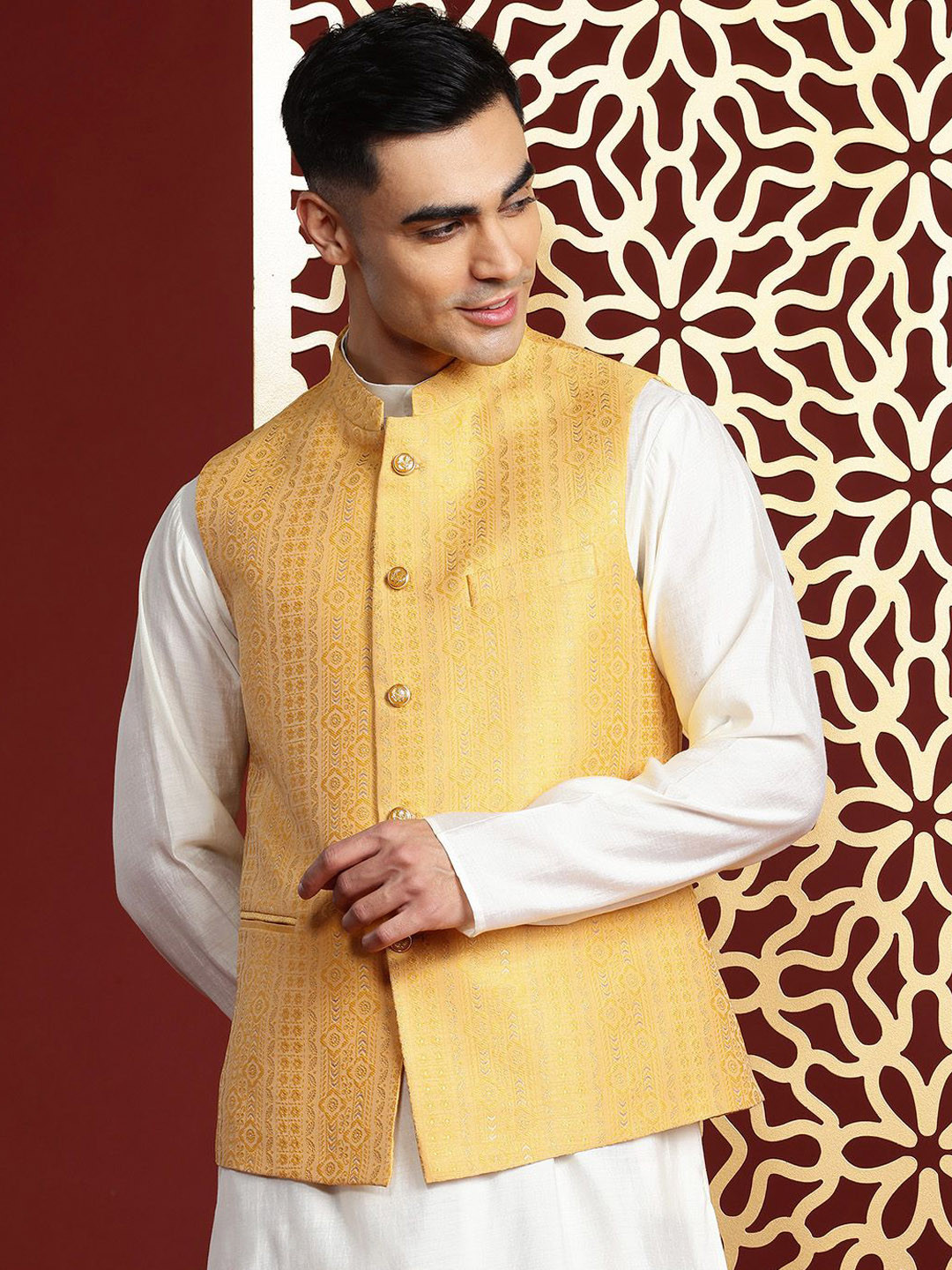 

MANQ Ethnic Motifs Woven Design Nehru Jacket, Yellow