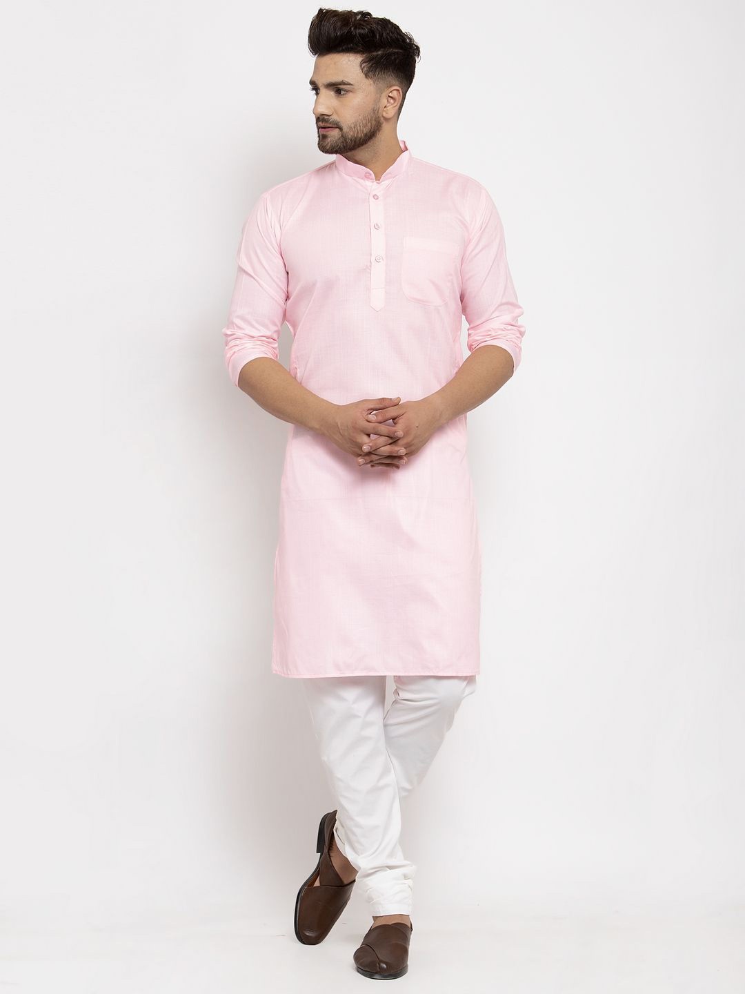 

Kaifoo Band Collar Long Sleeves Straight Kurta, Pink