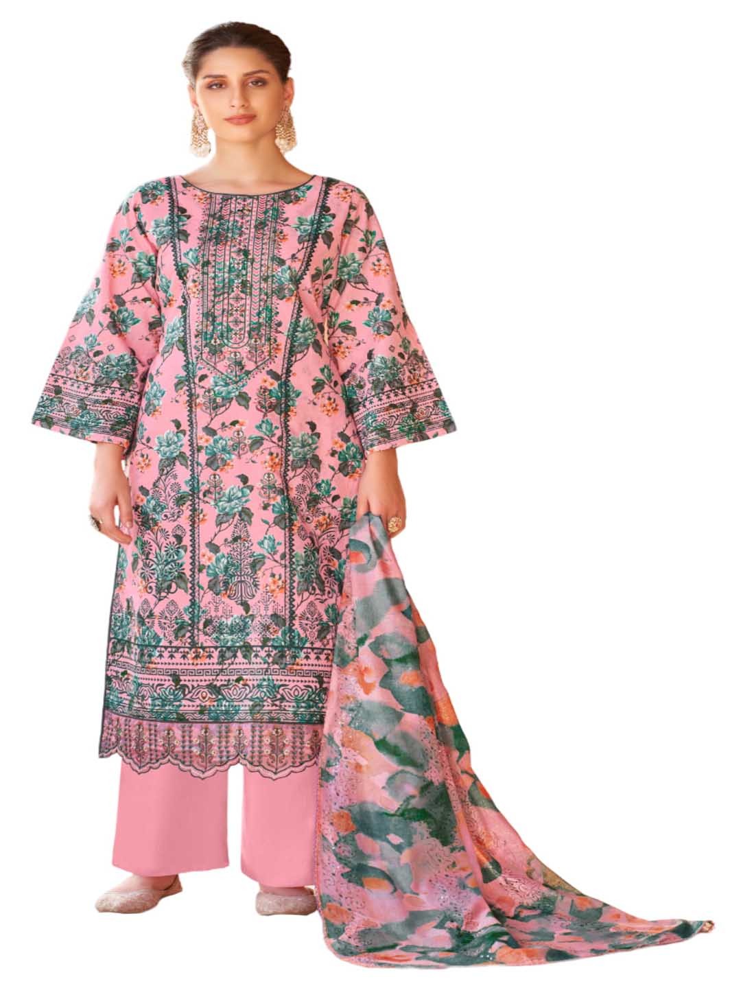 

DRAVINAM Trends Floral Embroidered Pure Cotton Unstitched Dress Material, Pink
