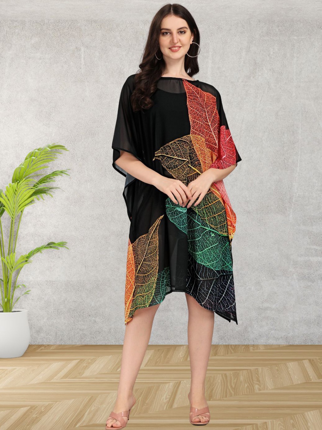 

Safeera Printed Kaftan Swimwear Cover-Up Dress, Black