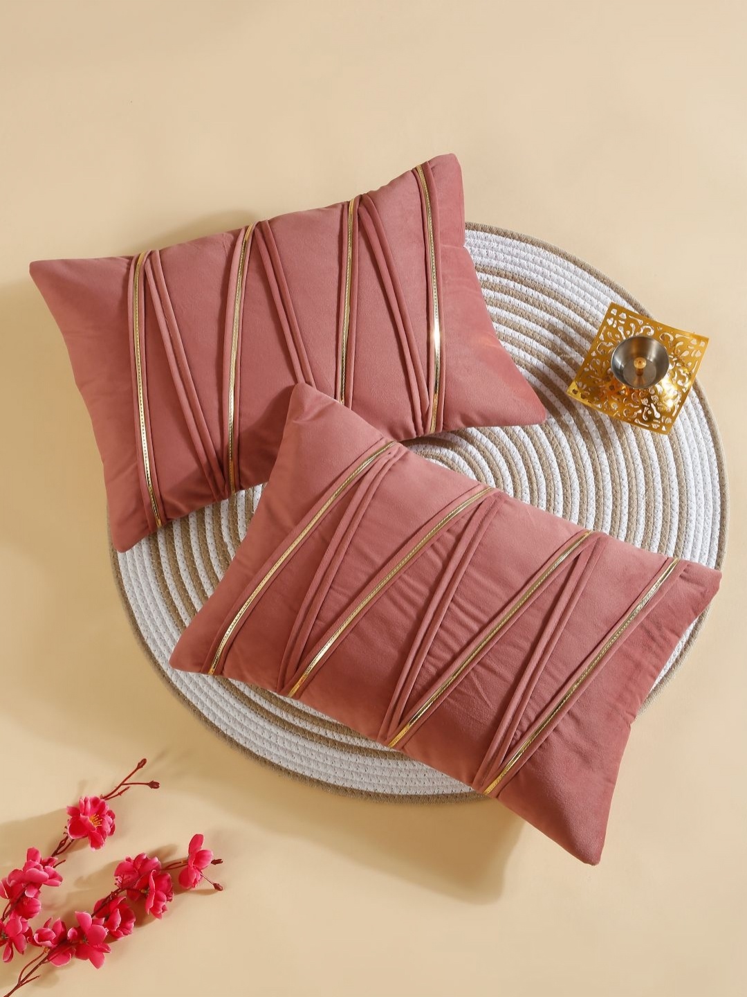

HOSTA HOMES Peach 2 Pieces Patch Striped Velvet Rectangle Cushion Covers