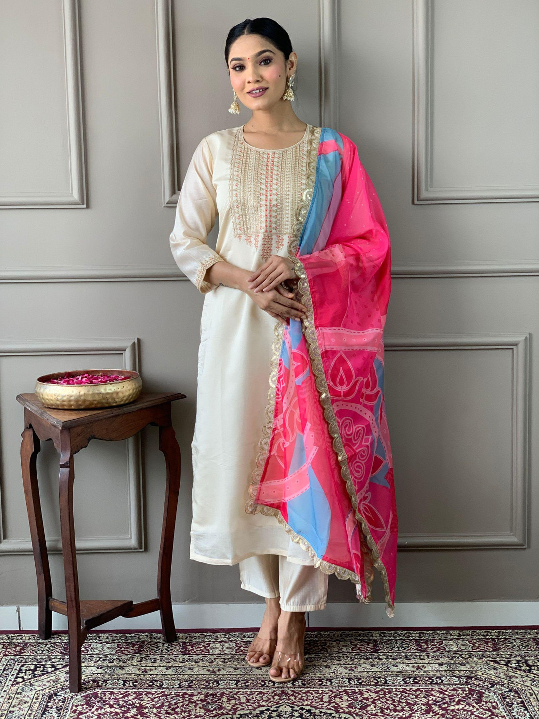 

KALINI Women Embroidered Regular Thread Work Kurta with Trousers & With Dupatta, Cream