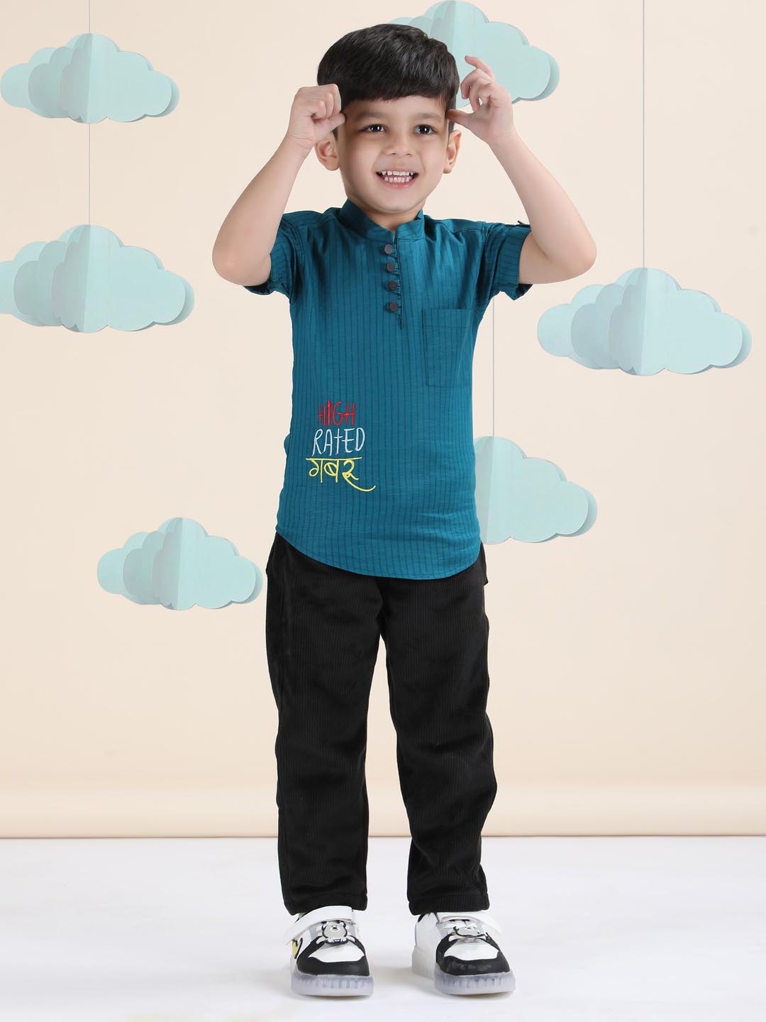 

Polka Tots Boys Striped Embroidered Thread Work Band Collar Straight Kurta, Blue