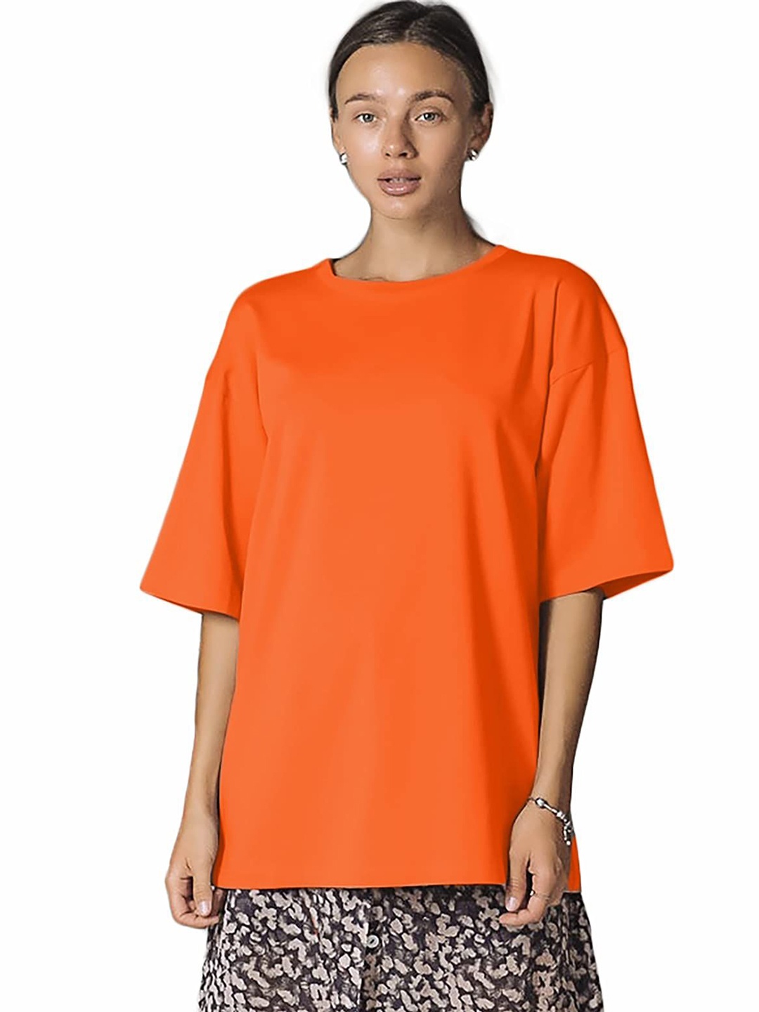 

NOTWILD Women Solid Round Neck Cotton Oversized T-shirt, Orange