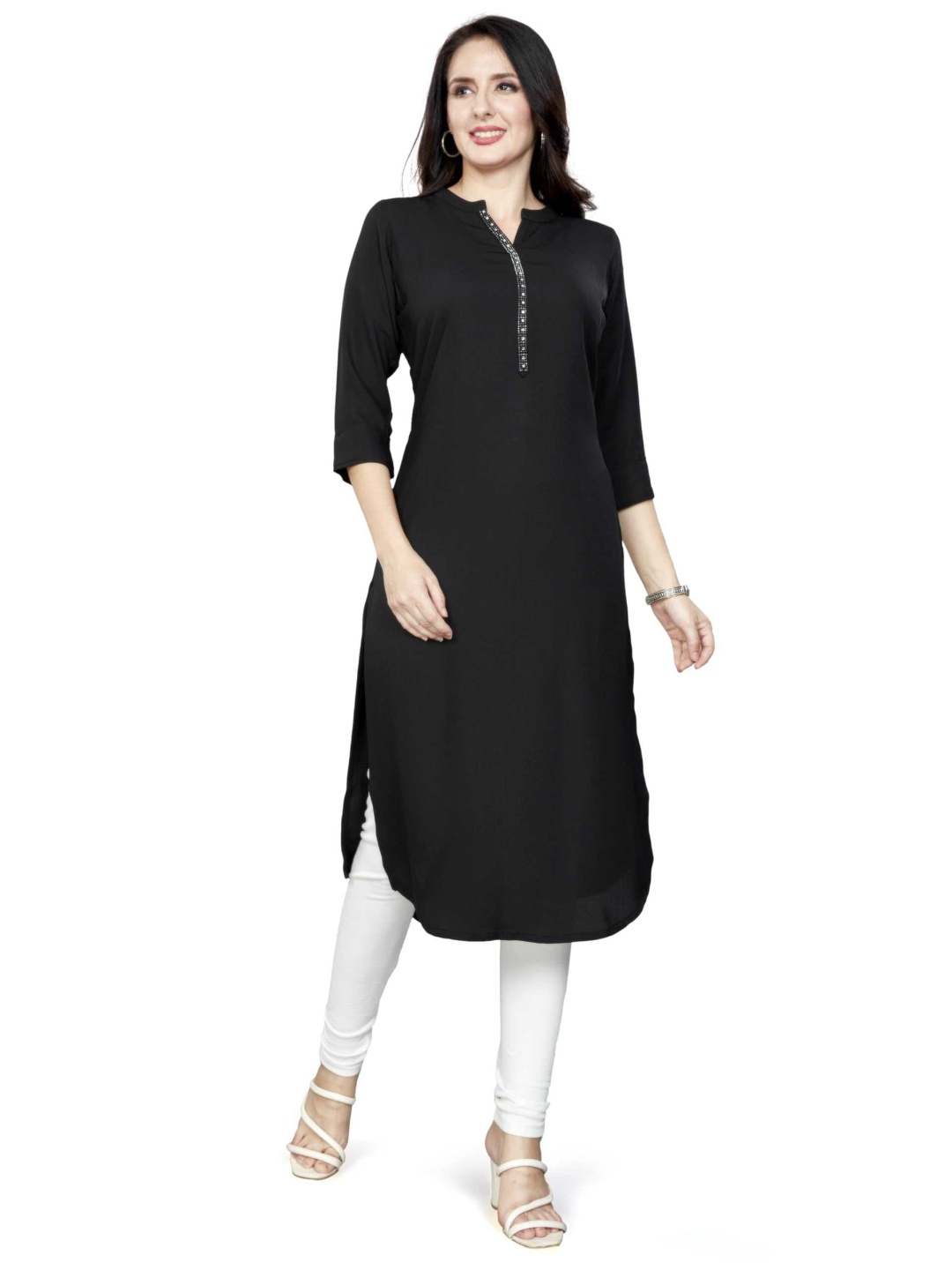 

Nioni Swarovski Mandarin Collar Dobby Linen Straight Kurta, Black