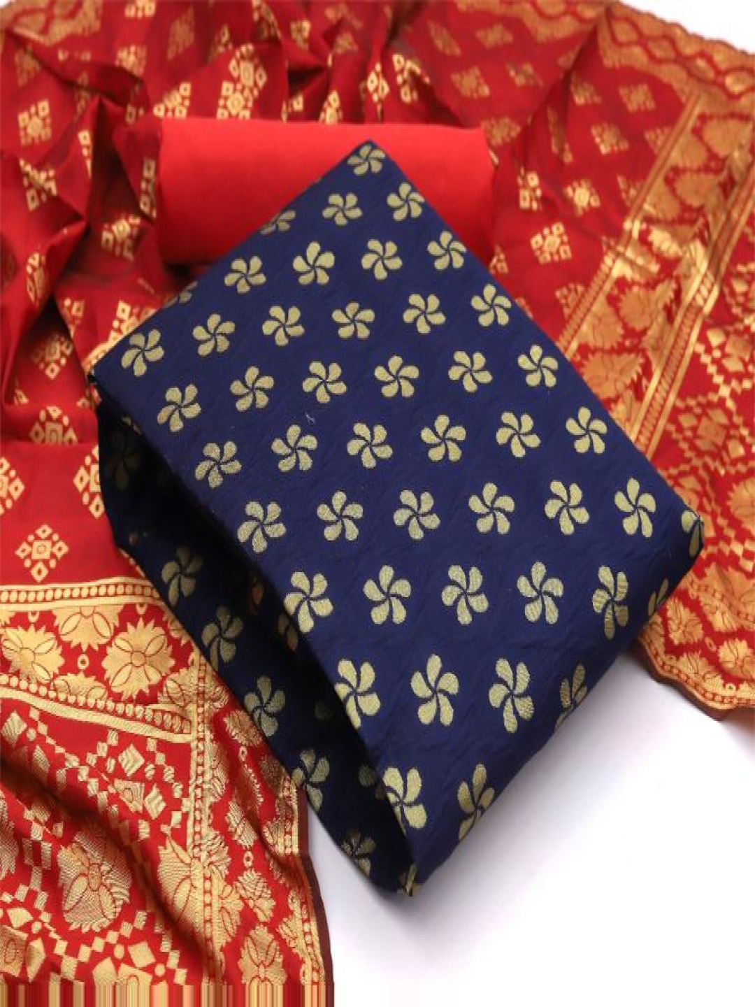 

KALINI Floral Woven Design Banarasi Silk Unstitched Dress Material, Blue