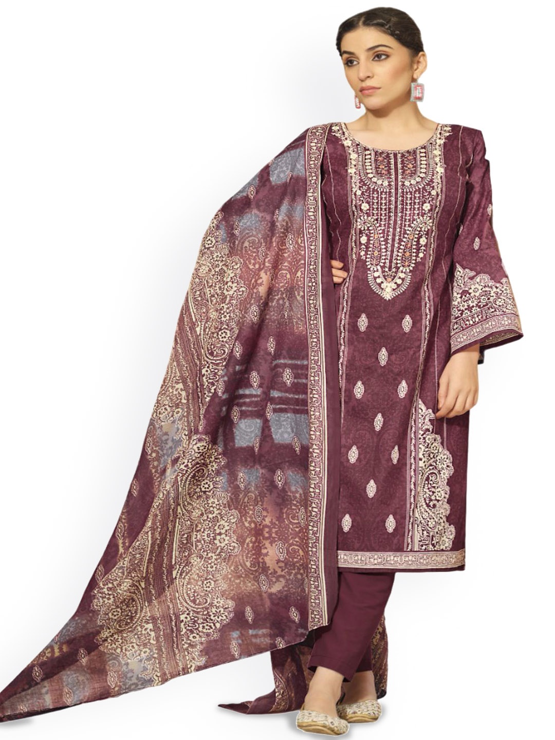 

DRAVINAM Trends Ethnic Motifs Embroidered Pure Cotton Unstitched Dress Material, Maroon