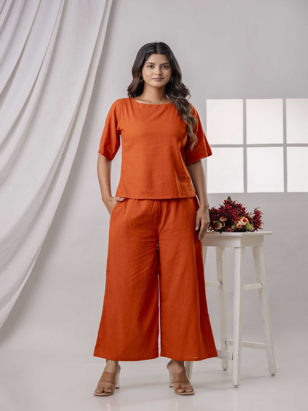 

POSHART FASHION AS UNIQUE AS YOU ARE Pure Cotton Short Sleeve Top & Trousers Co-Ords, Orange