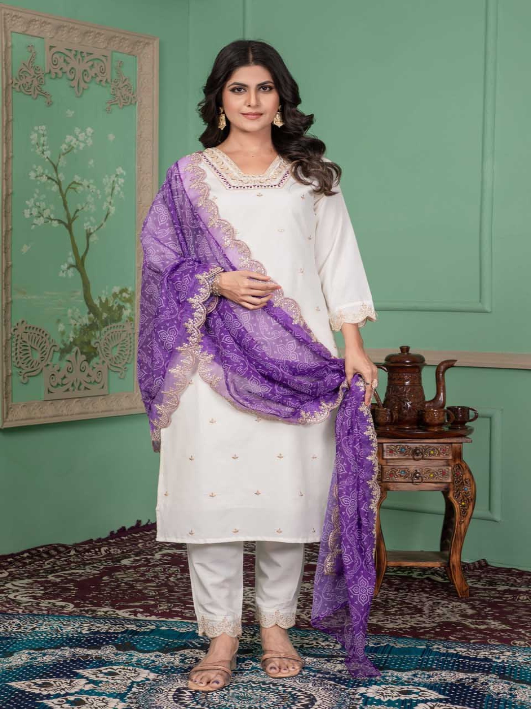 

Vintro Women Embroidered Regular Kurta with Trousers & With Dupatta, White