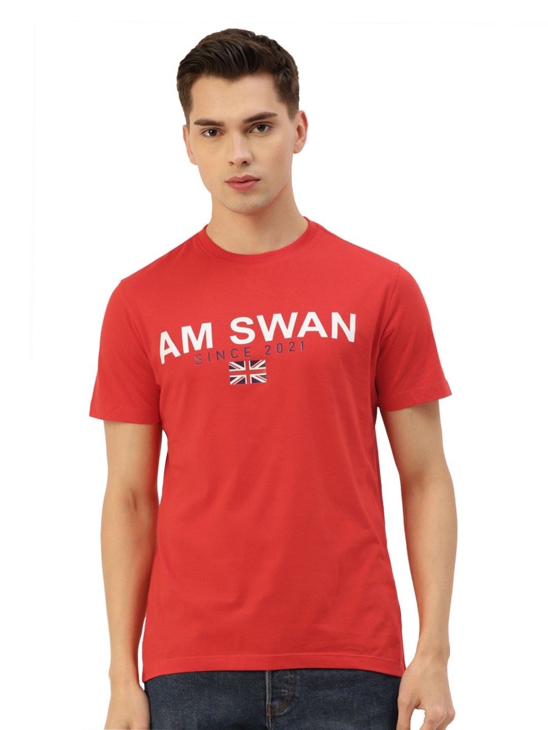 

AMSWAN Men Typography Printed Applique T-shirt, Red