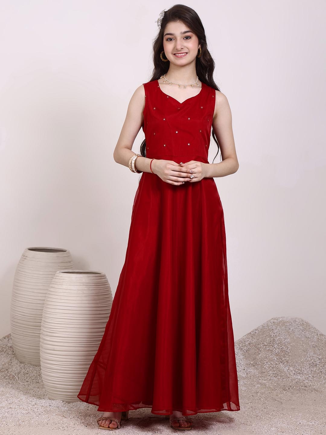 

Inddus Girls Sequinned Embellished Ethnic Maxi Dress, Red