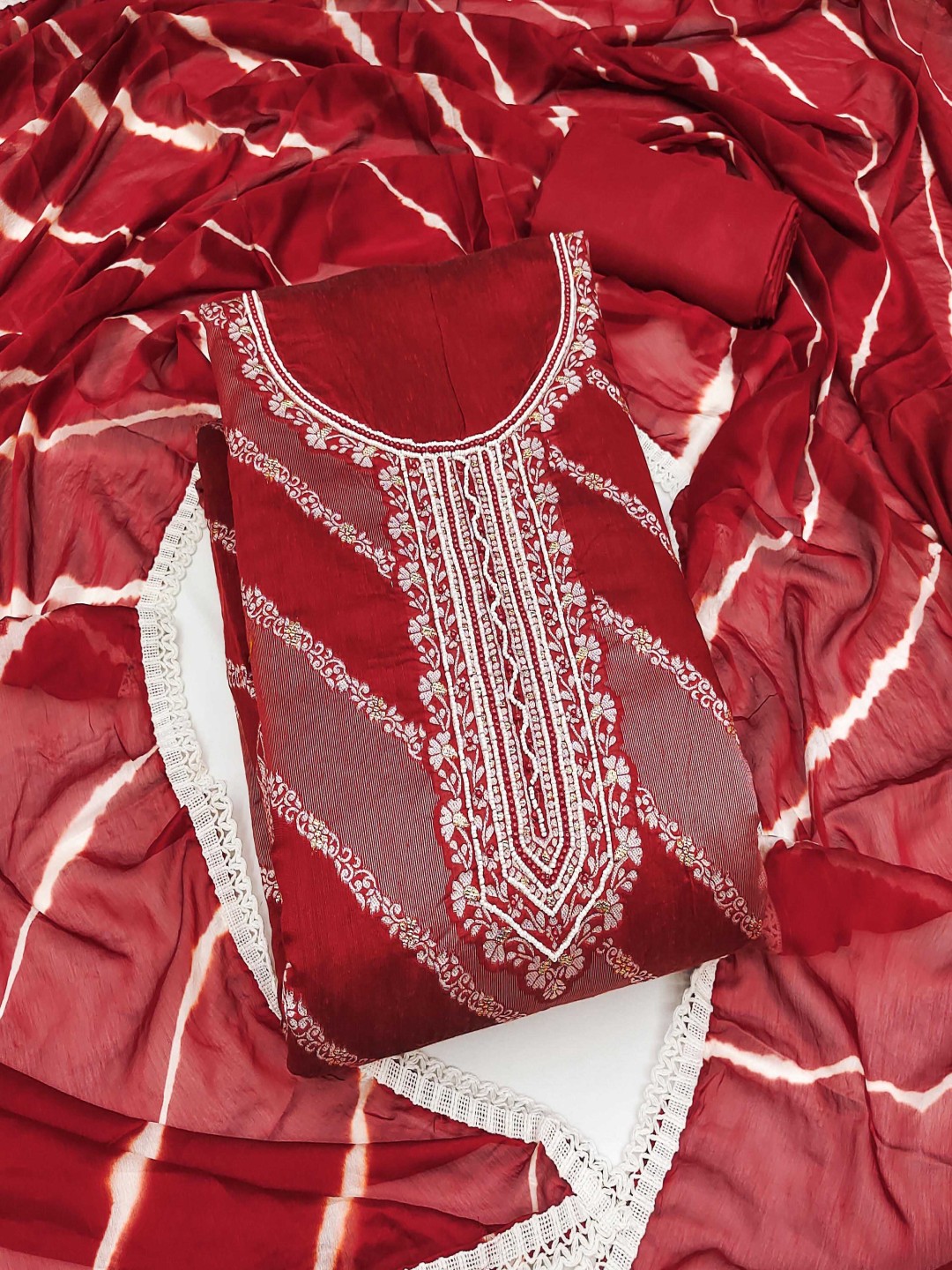 

Maroosh Embellished Unstitched Dress Material, Red