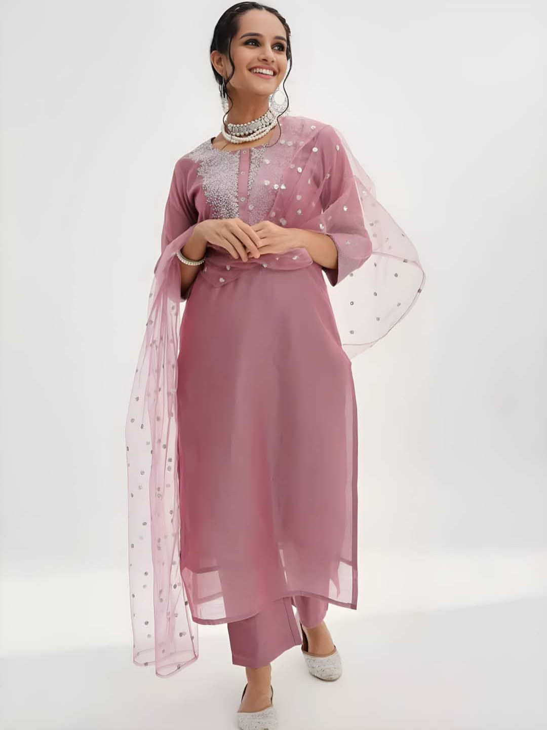 

Maeswag Floral Embroidered Chanderi Silk Straight Kurta with Trousers & Dupatta, Peach