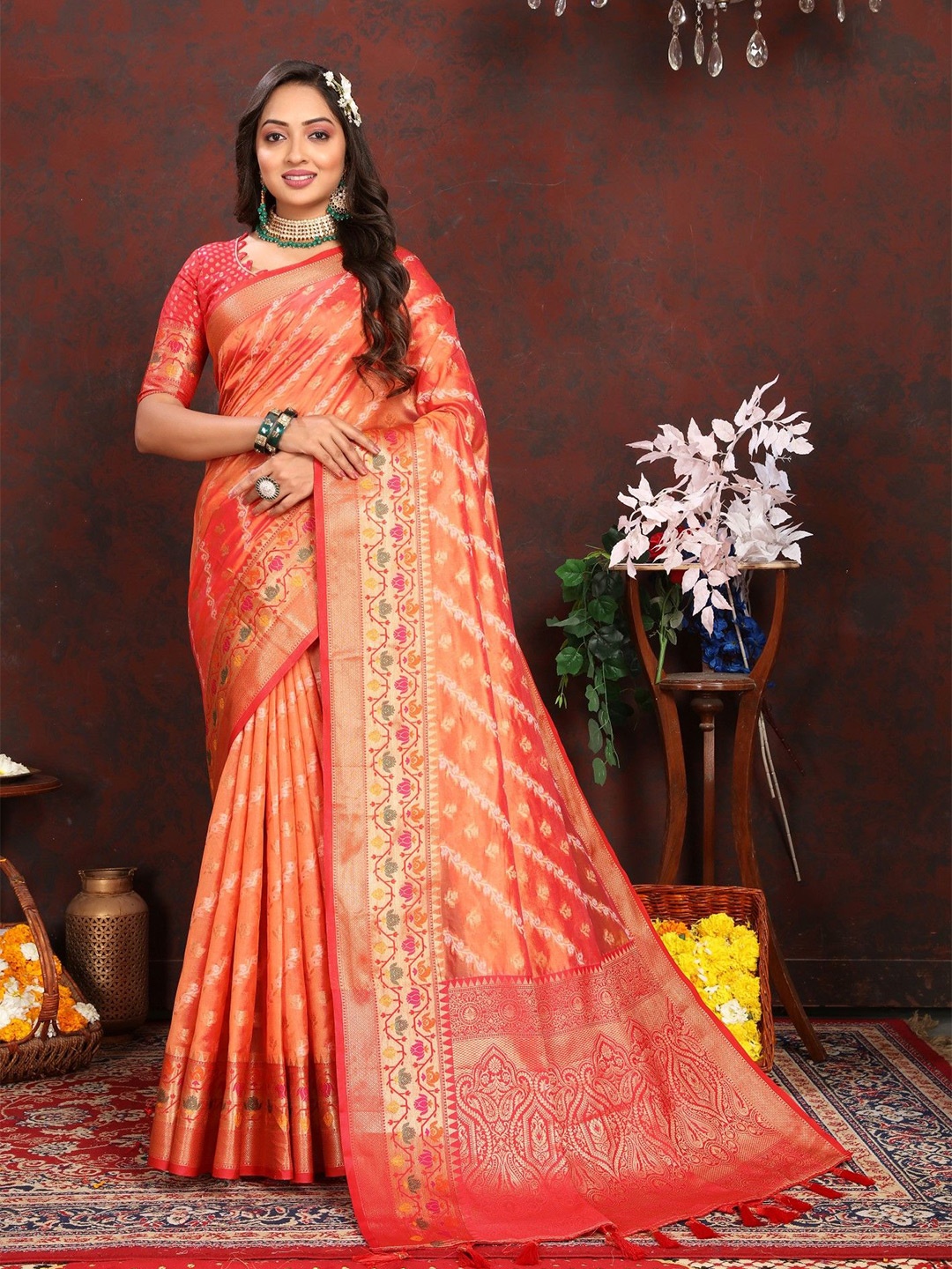 

LeeliPeeri Designer Ethnic Motifs Zari Paithani Saree With Contrast Blouse Piece, Peach