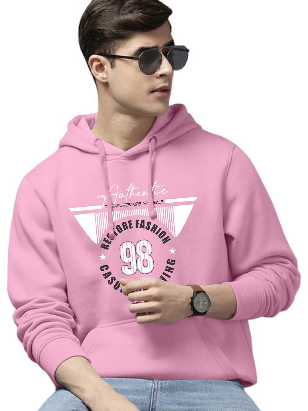 

WOOSTRO Men Printed Hooded Sweatshirt, Pink