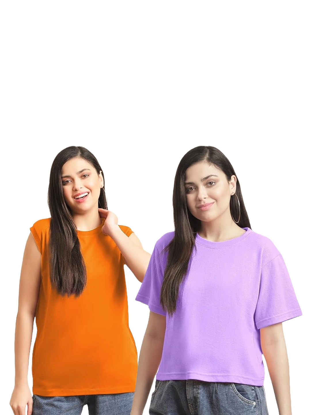 

NOTWILD Women Pack Of 2 Solid Round Neck Cotton Relaxed Fit T-shirts, Orange