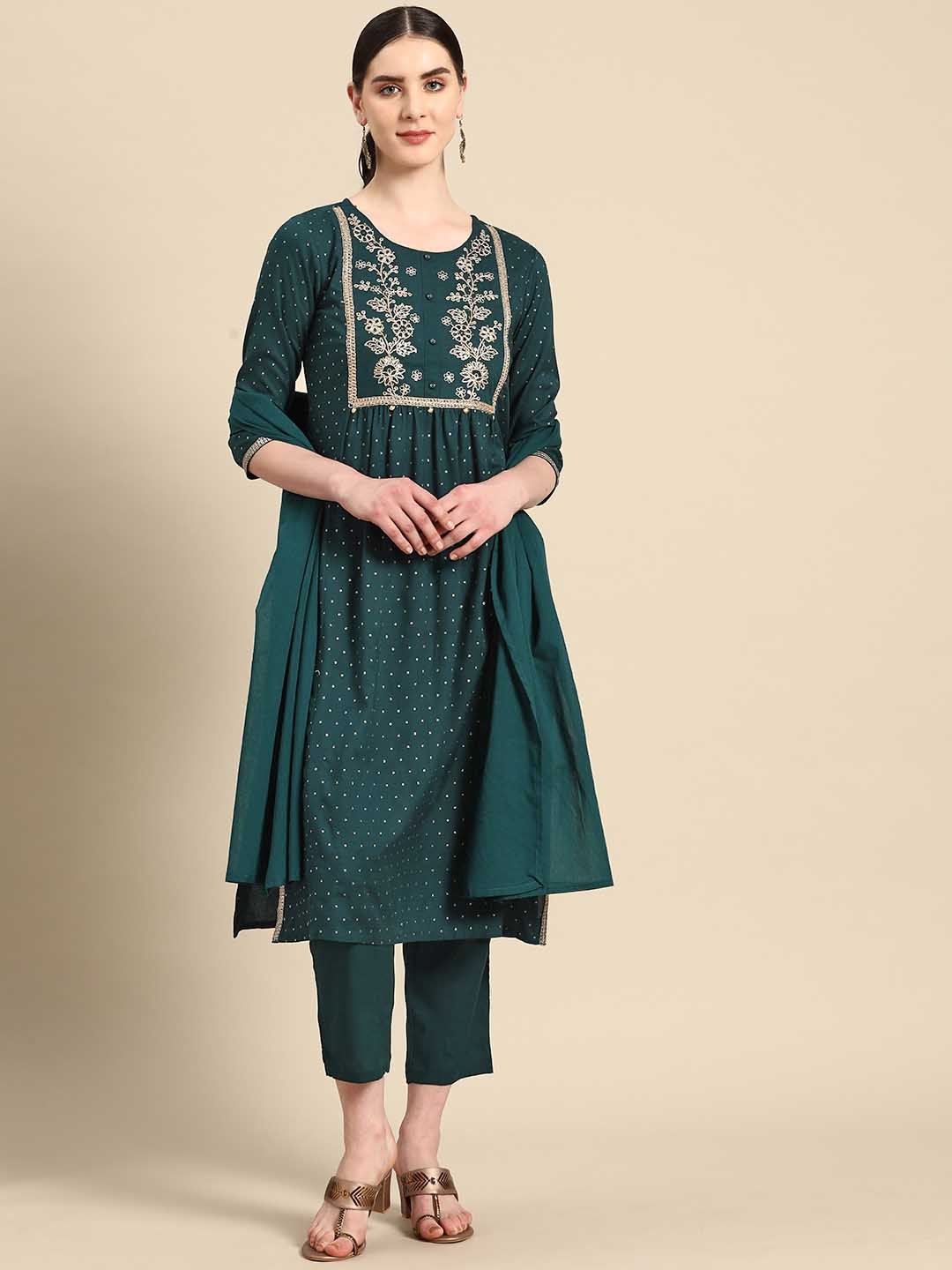 

KALINI Women Floral Embroidered Pleated Thread Work Kurta with Pyjamas & With Dupatta, Teal