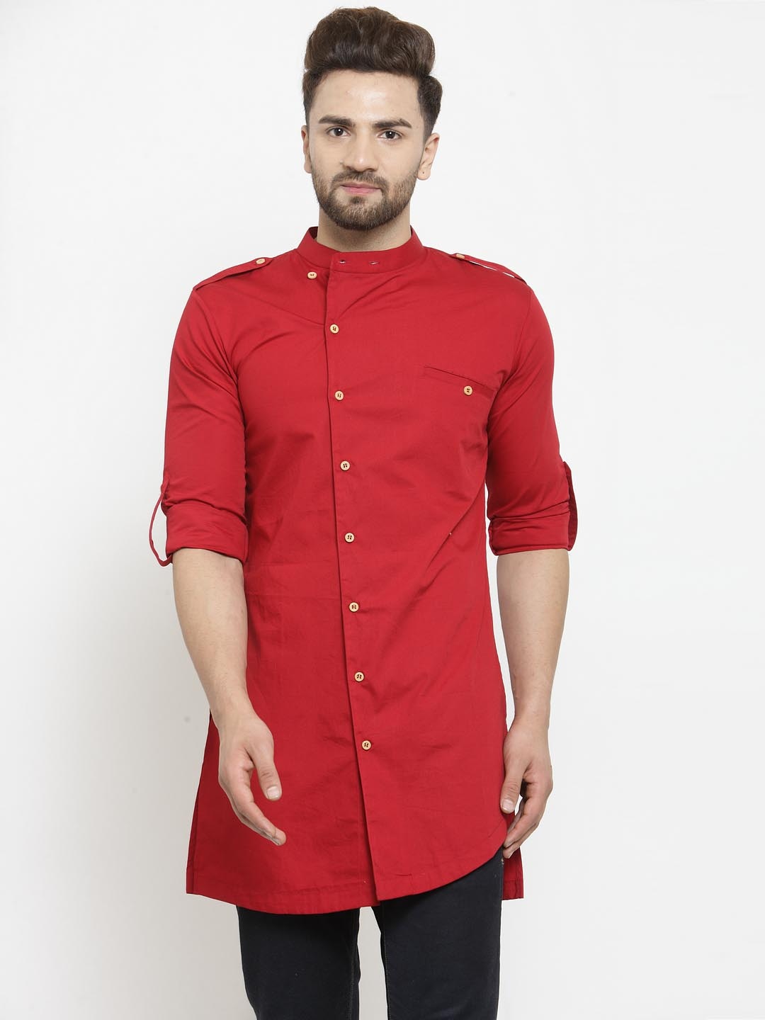 

Moda Rapido Band Collar Asymmetric Pathani Kurta, Red