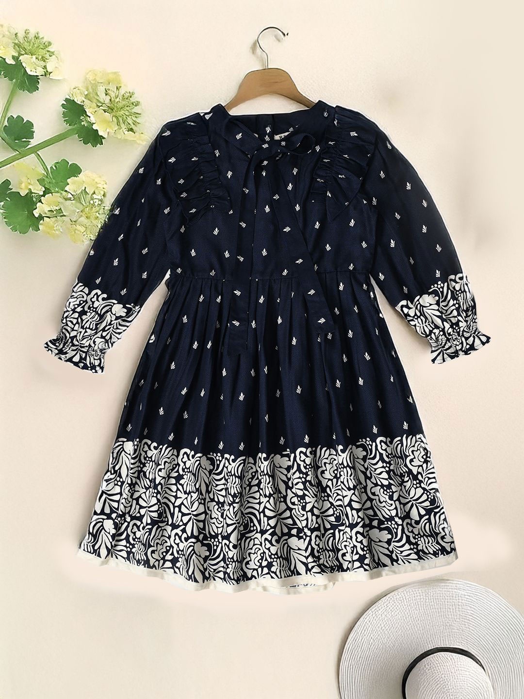 

Bella Moda Girls Floral Print Puff Sleeve Ruffled Cotton Fit & Flare Dress, Navy blue