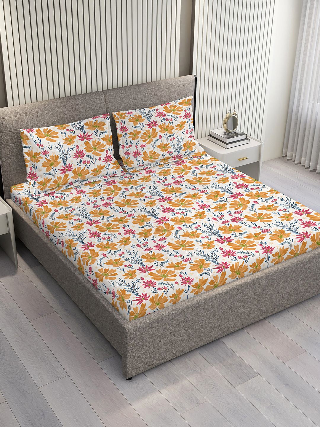 

Layers Bloom White & Mustard Floral Microfiber 110 GSM Queen Bedsheet Set-2.54 m x 2.24 m