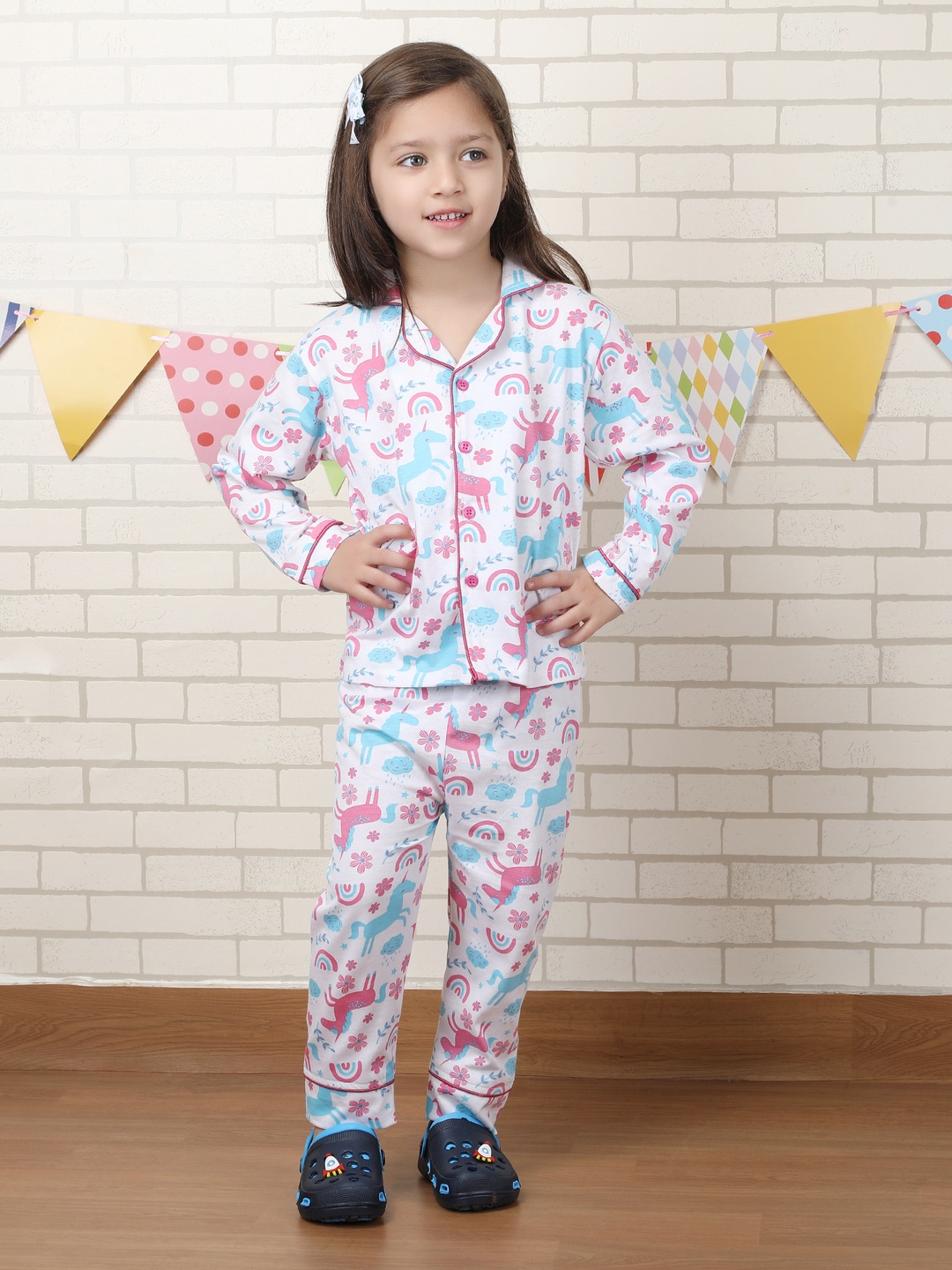 

Polka Tots Girls Graphic Printed Night suit, Blue