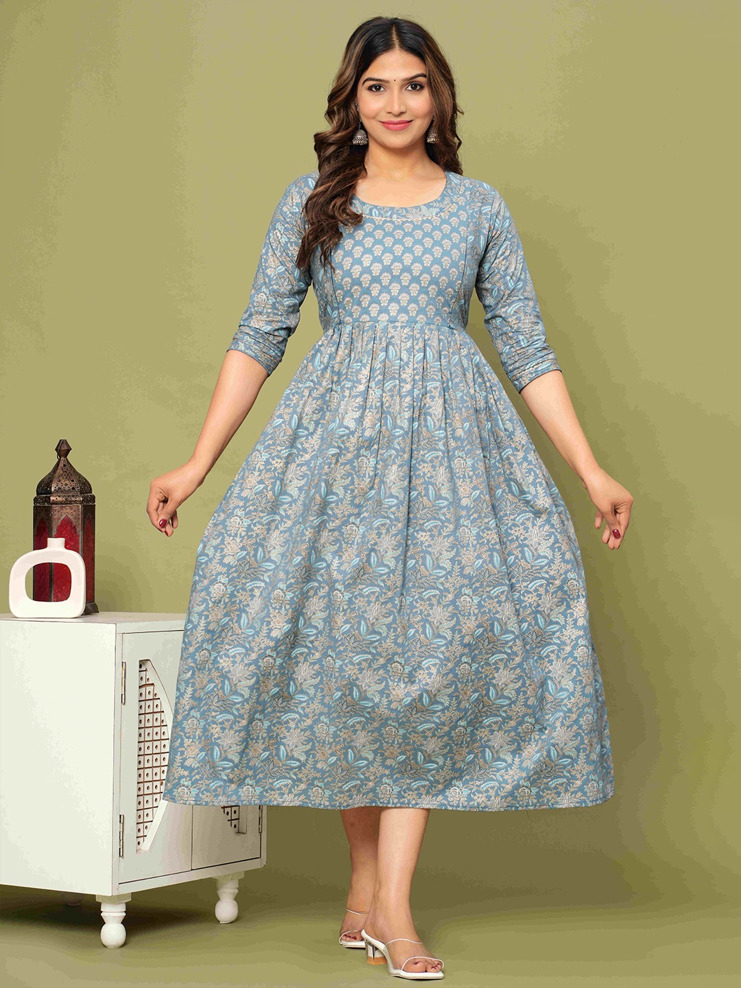 

UrbanRang Women Floral Printed Cotton Fit and Flare Maternity Maxi Dress, Blue
