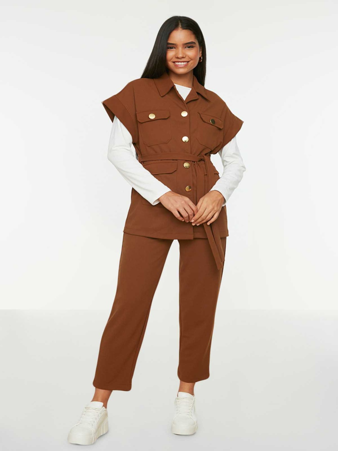 

Trendyol Shirt Collar Short Sleeves Shirt With Trousers And Belt, Camel brown