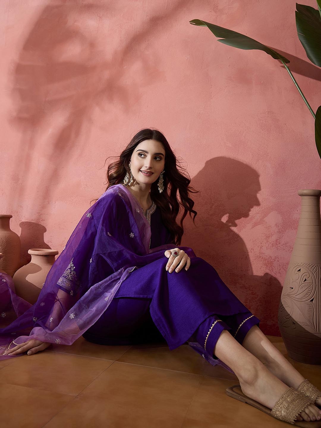 

Sangria Purple Floral Yoke Design Notch Neck Zari Kurta With Trouser And Dupatta