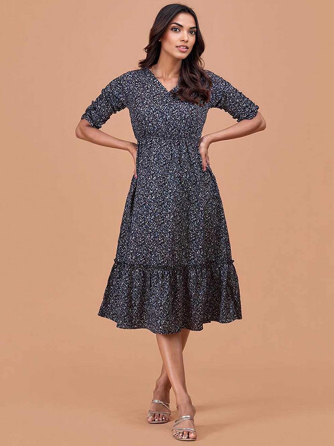 

DressBerry Floral Print Fit & Flare Midi Dress, Black
