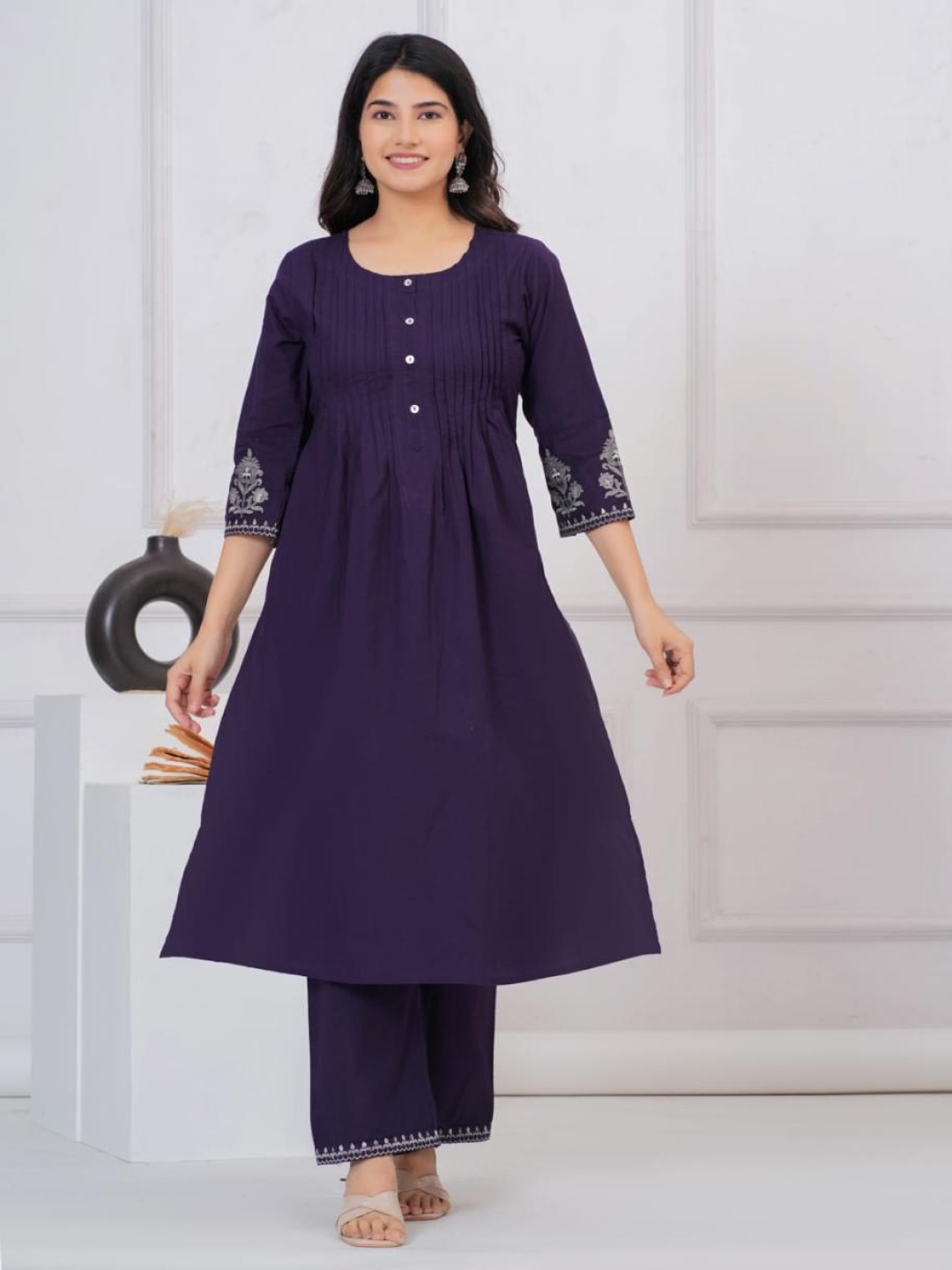 

INDYES Floral Embroidered Pleated Thread Work Pure Cotton A-Line Kurta With Trousers, Purple