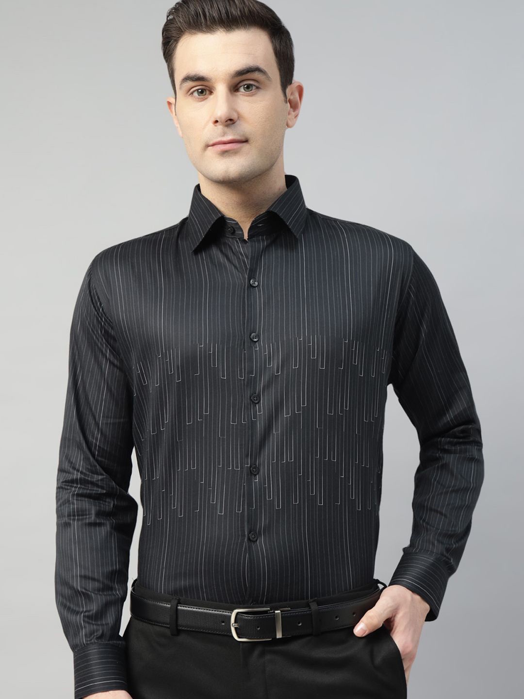 

Hancock Men Premium Slim Fit Printed Cotton Satin Stretchable Party Shirt, Black
