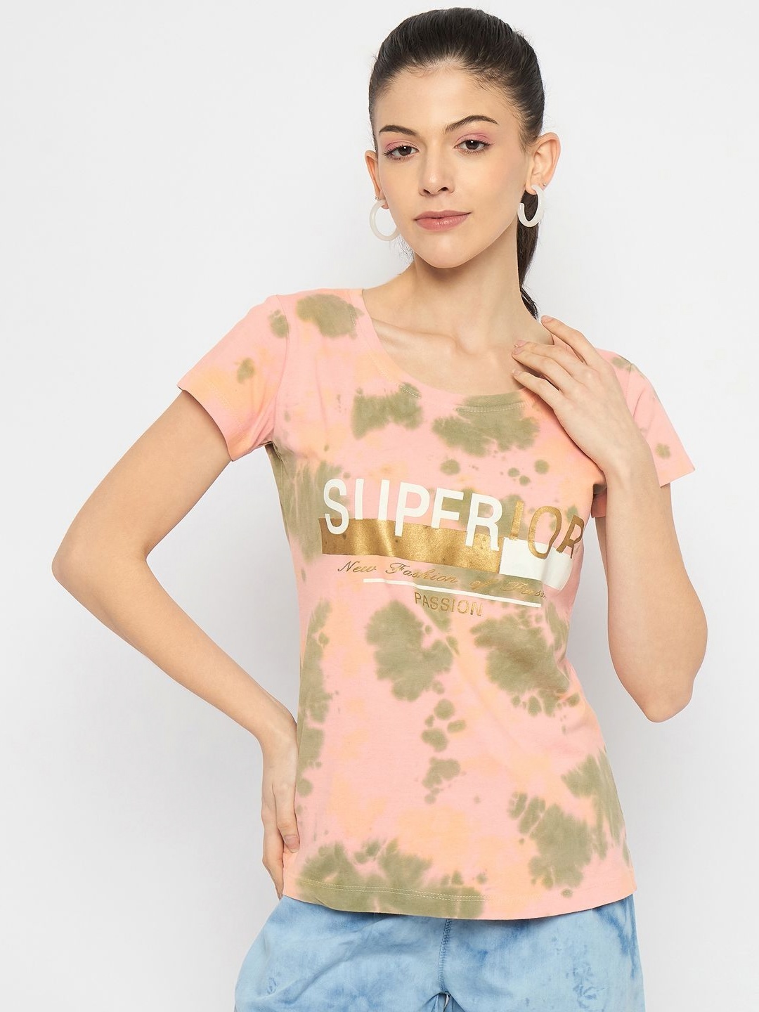 

Novio Women Bio Finish Dyed Round Neck Pure Cotton T-shirt, Peach