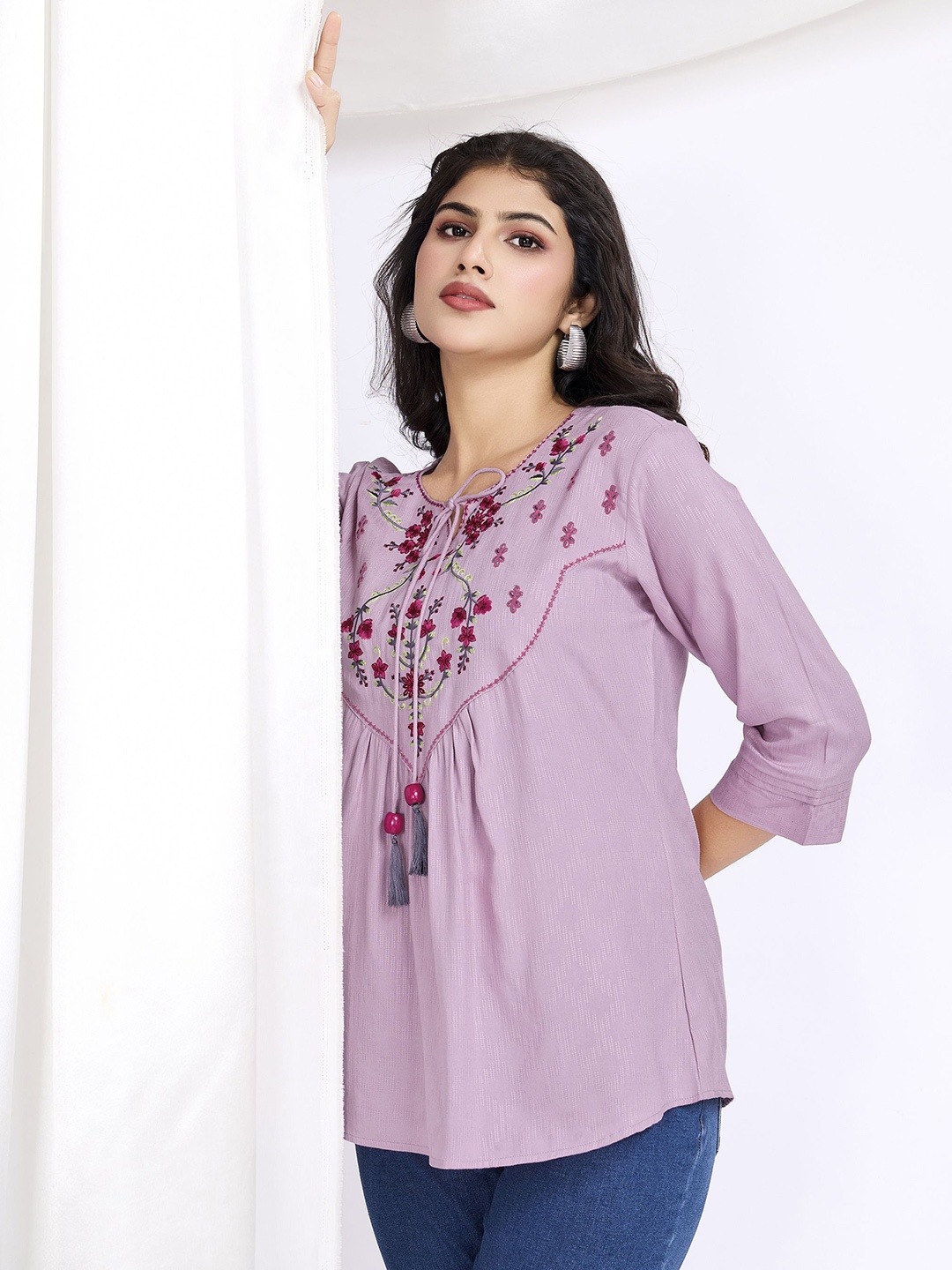 

MOJILAA Women Floral Embroidered Tie-Up Neck Top, Mauve