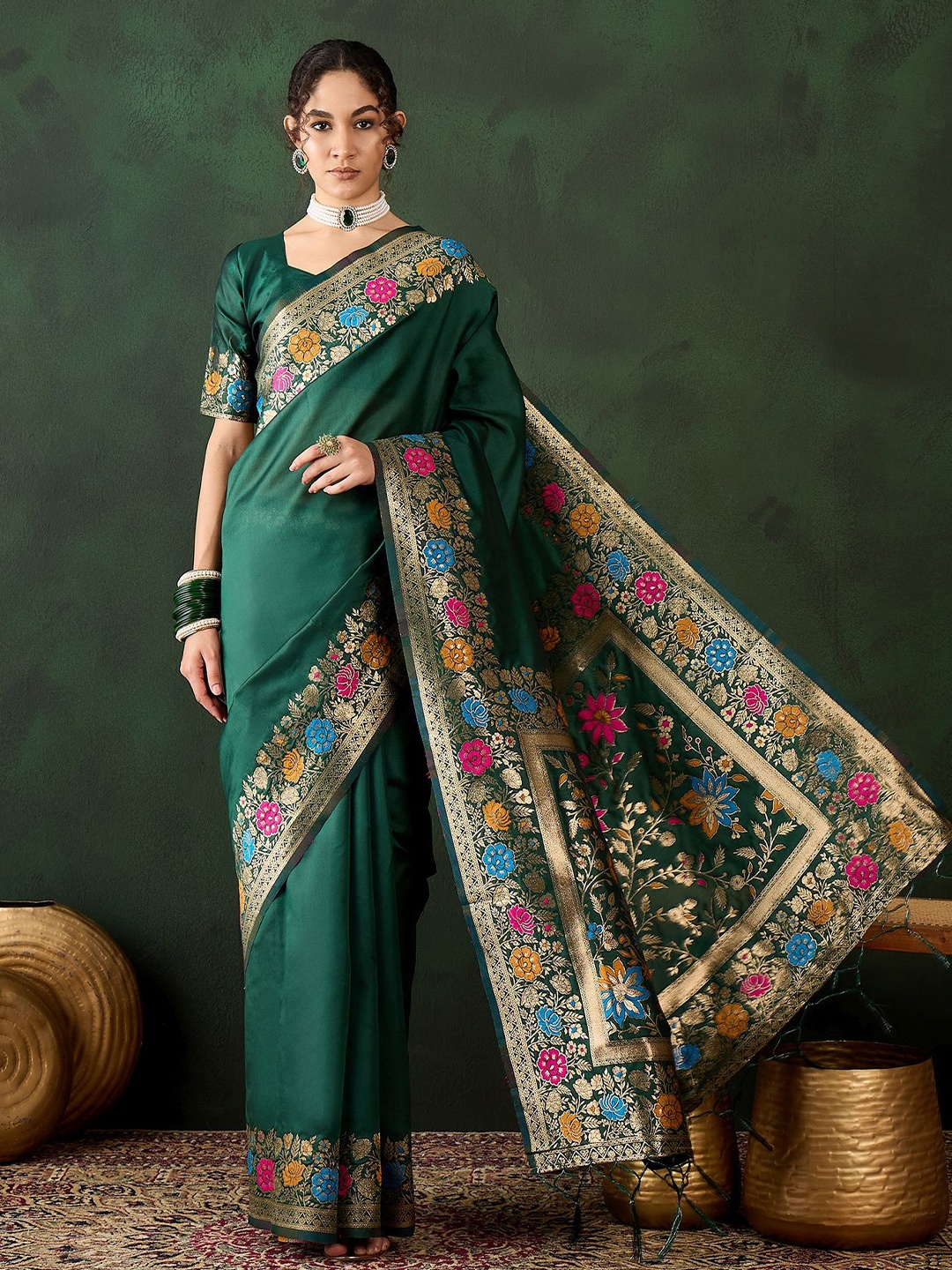 

Mitera Woven Design Zari Banarasi Saree, Green