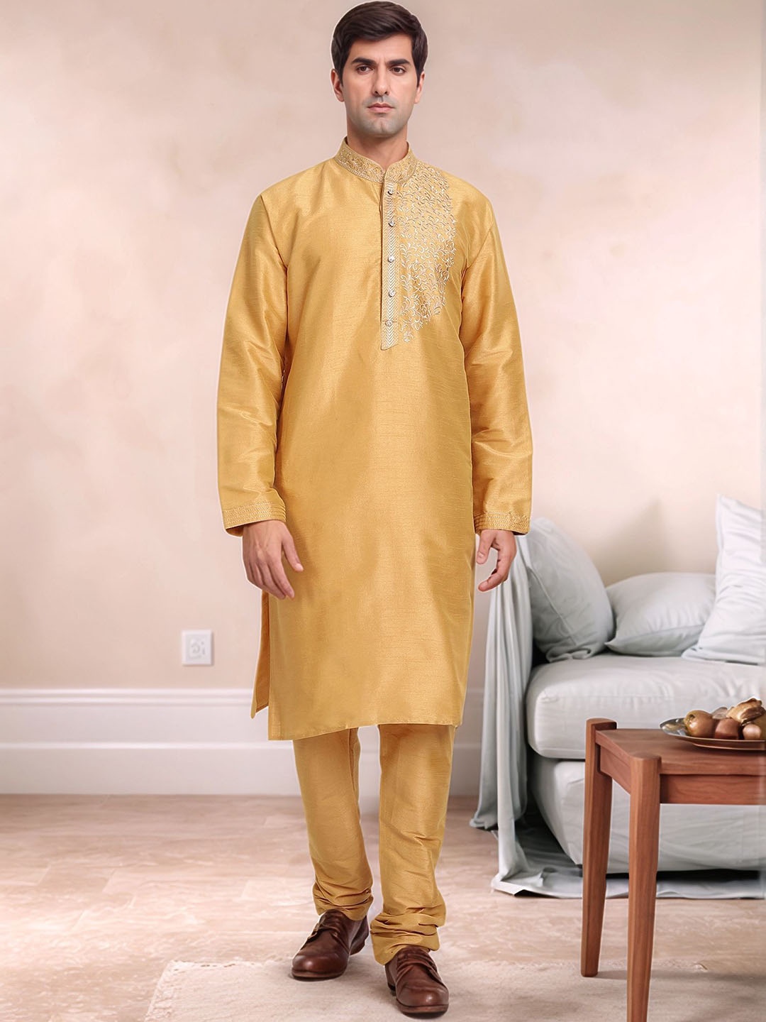 

Moda Rapido Men Floral Embroidered Regular Thread Work Kurta with Pyjamas, Gold