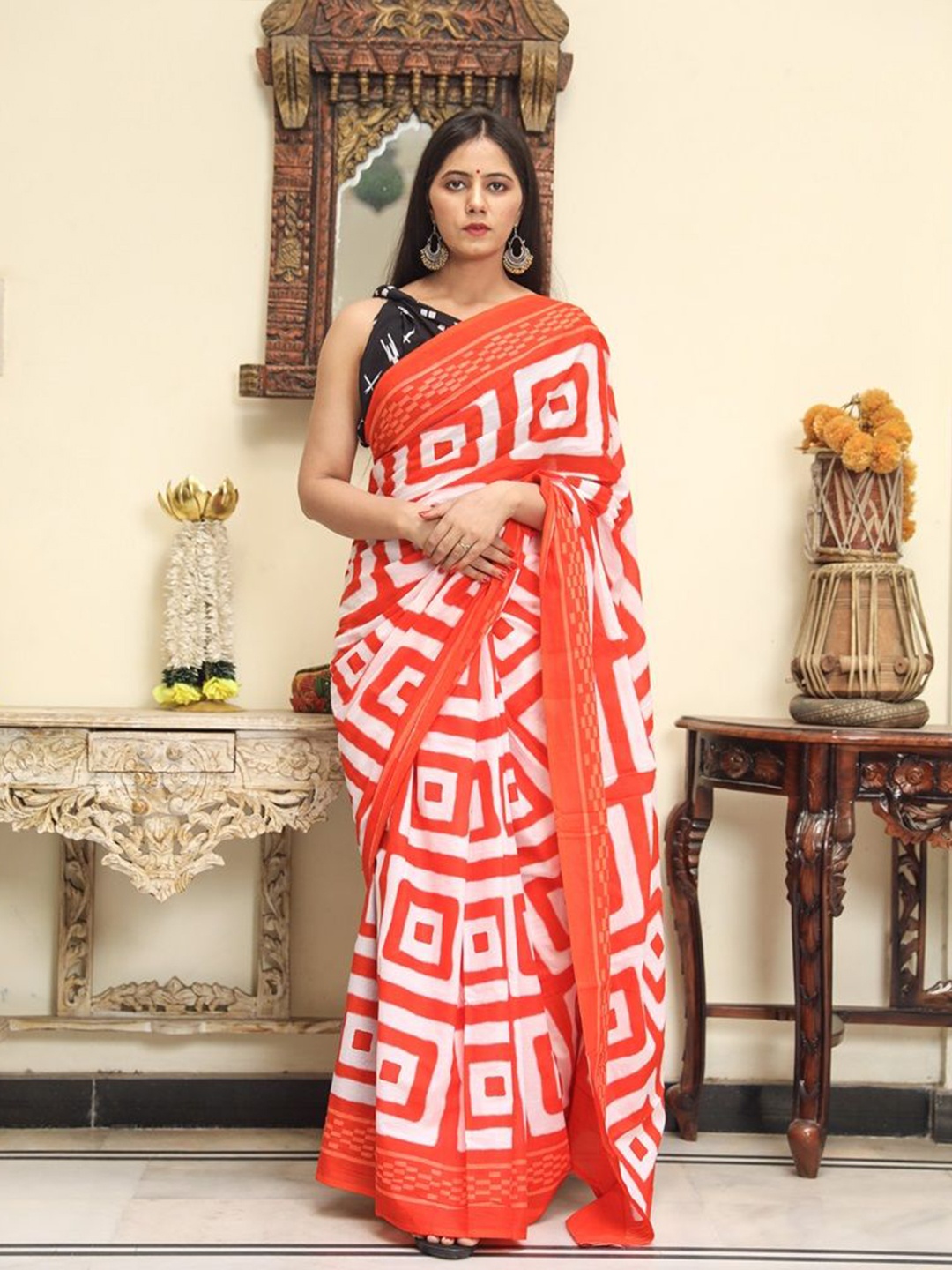

Pinkcity Trade World Pure Cotton Block Print Saree, Orange