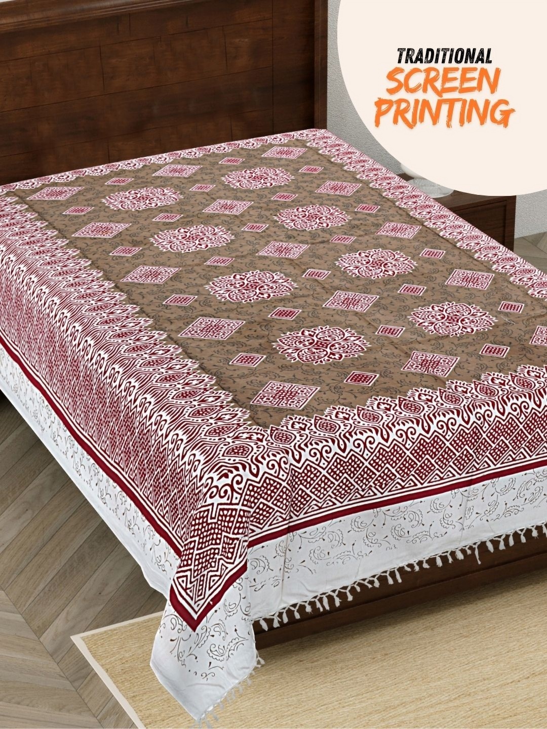 

HASHCART White & Brown Printed 210 TC Pure Cotton Queen Single Bedsheet 2.30 m x 1.52 m