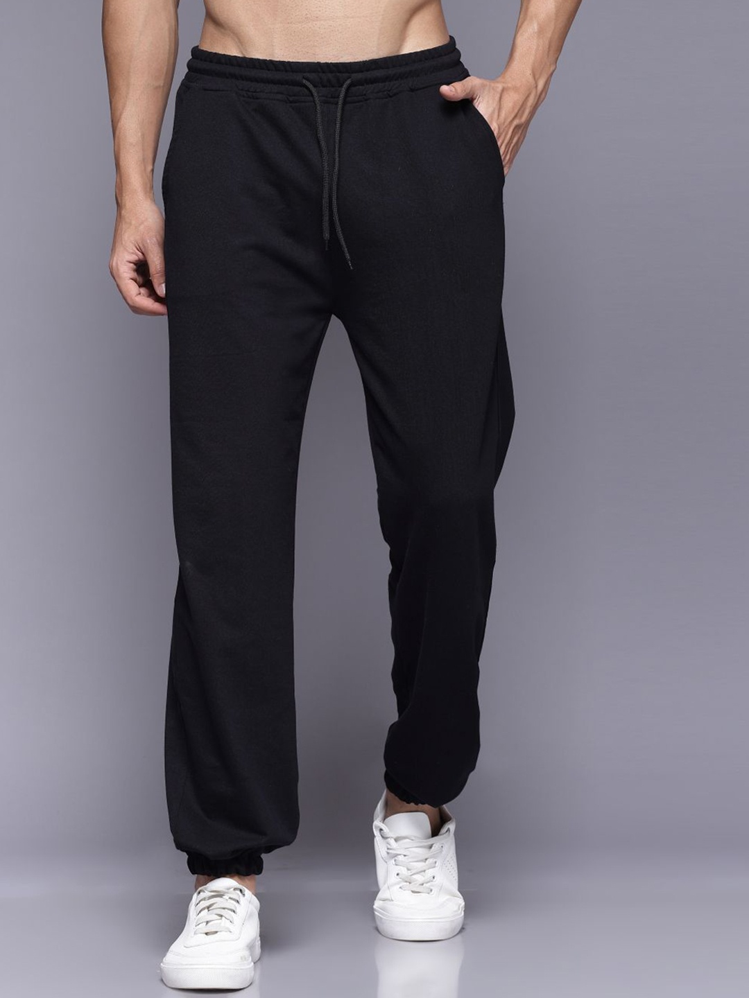 

FLYNOFF Men Relaxed Loose Fit Easy Wash Joggers Trousers, Black