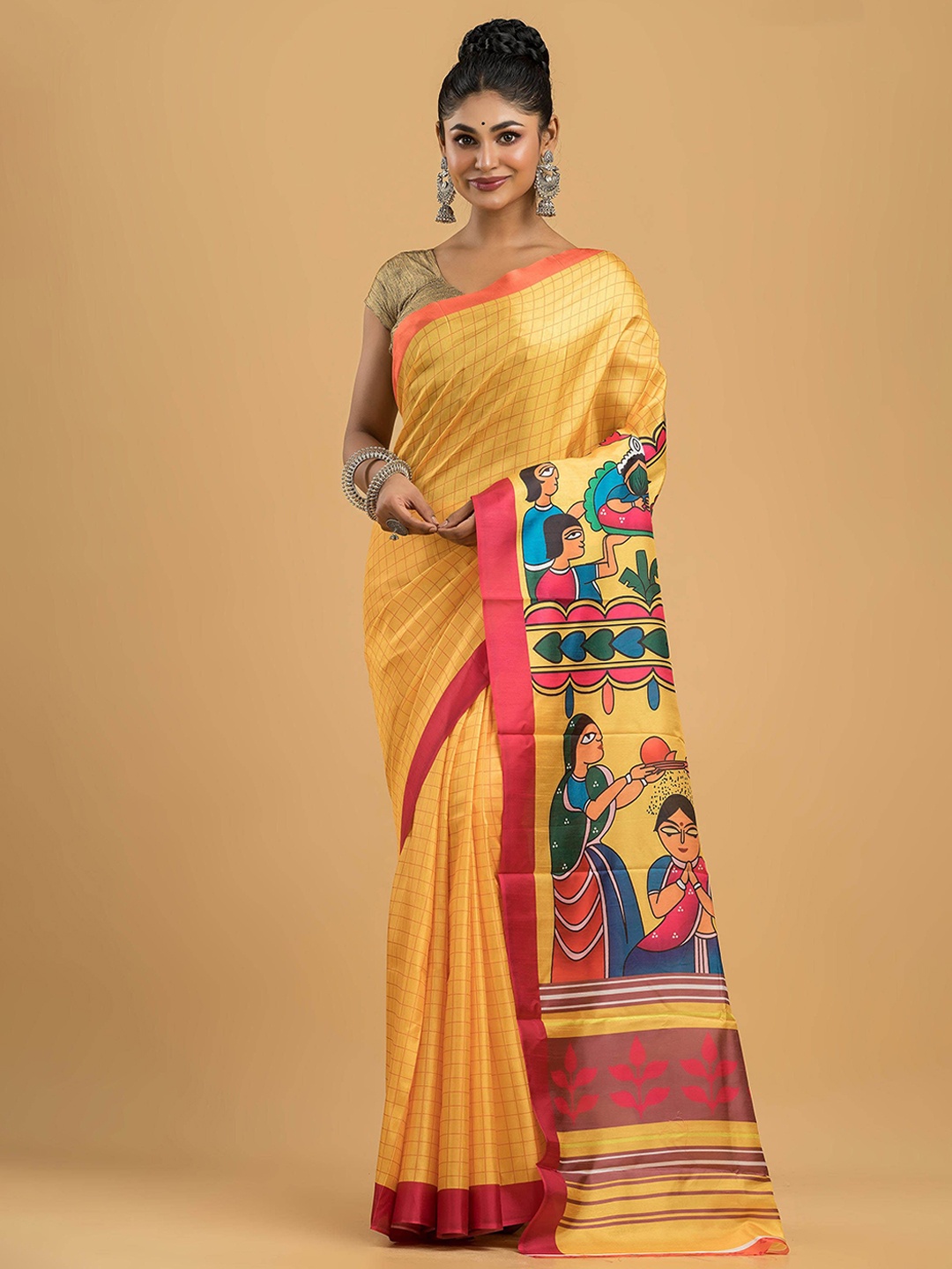 

Dheu Ethnic Motifs Block Print Saree, Yellow