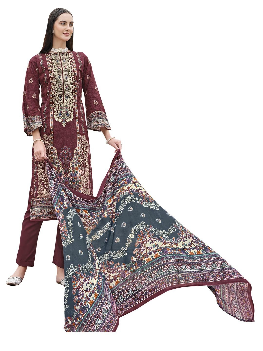

DRAVINAM Ethnic Motifs Embroidered Pure Cotton Unstitched Dress Material, Maroon