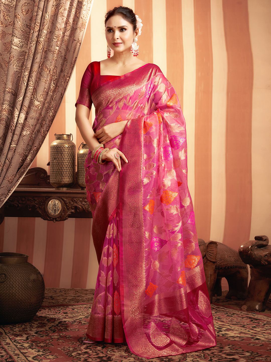 

Satrani Ethnic Motifs Zari Organza Saree, Pink