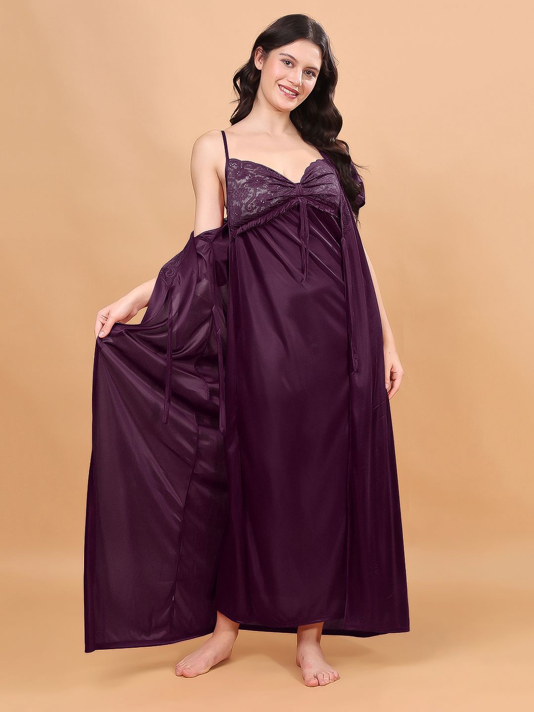 

NIGHT KEYS Shoulder Straps Solid Maxi Nightdress, Maroon