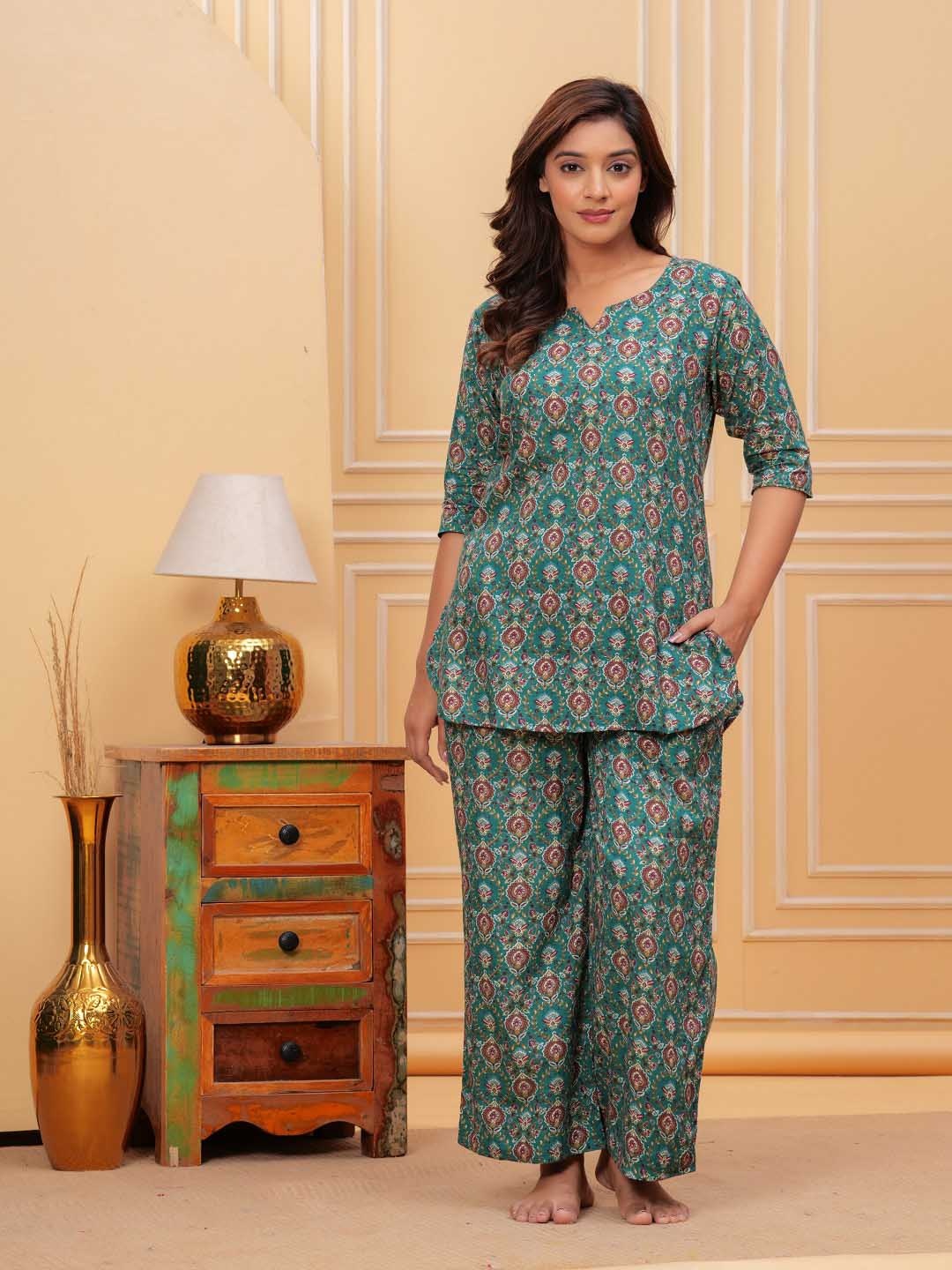 

Nevisha Style Ethnic Motifs Printed Pure Cotton Tunic With Trouser, Green