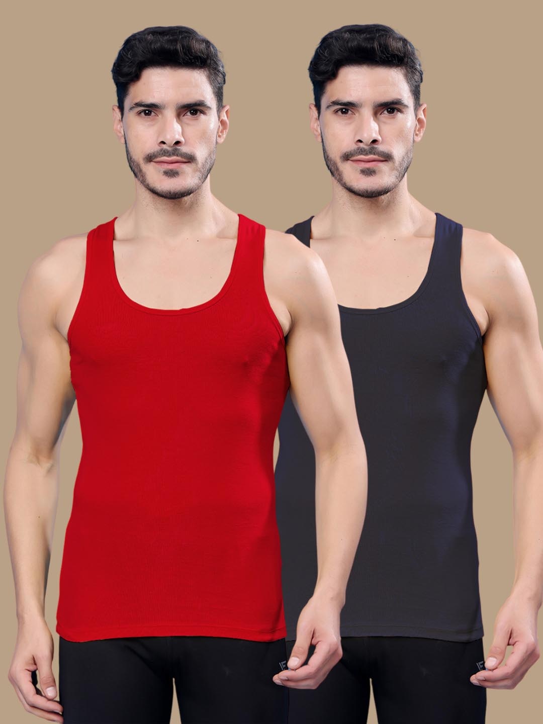 

Friskers Pack of 2 Pure Cotton Round Neck Ribbed Gym Vests 17012025R-05-14, Red