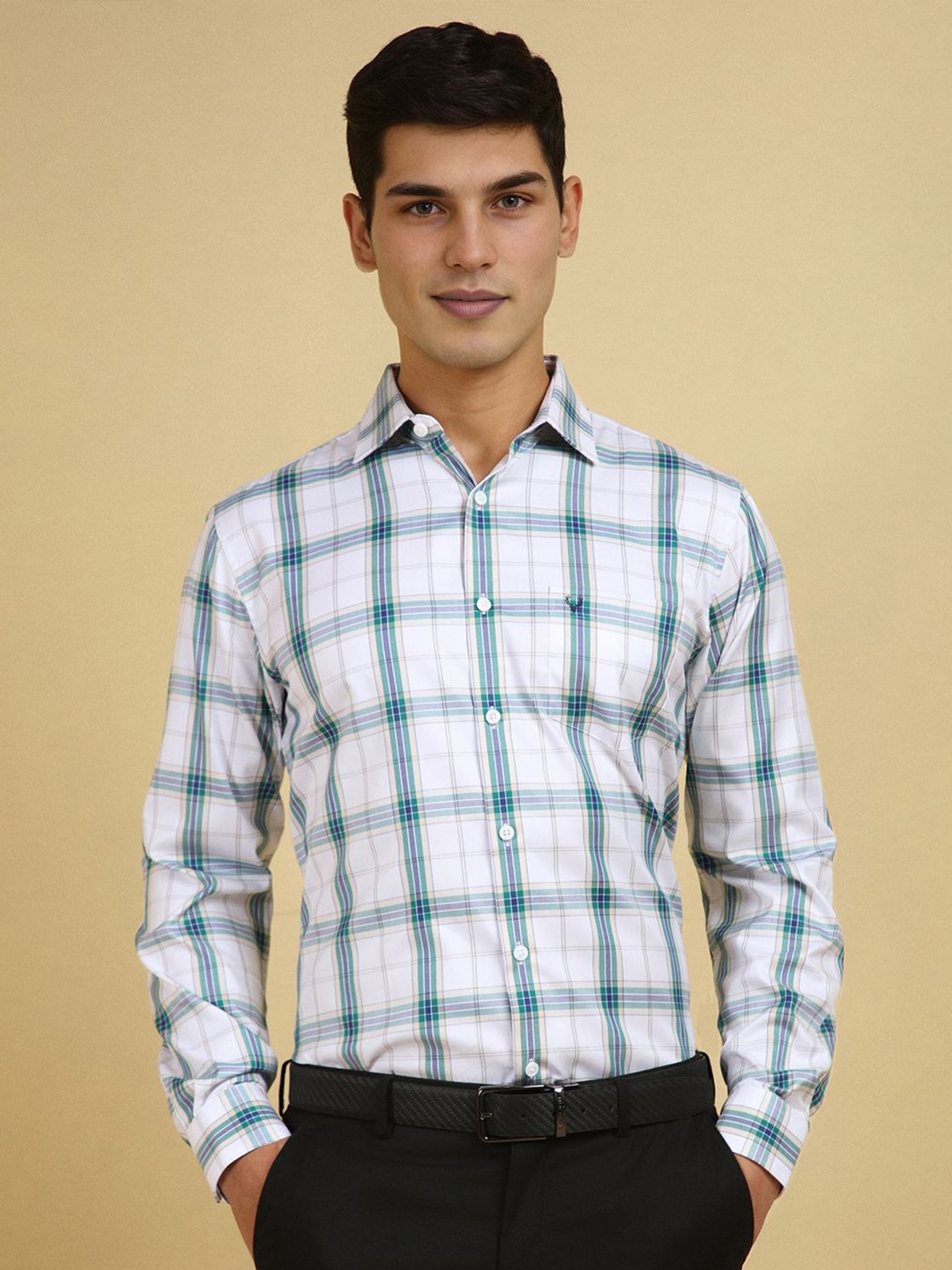 

Allen Solly Men Slim Fit Spread Collar Checked Cotton Formal Shirt, White
