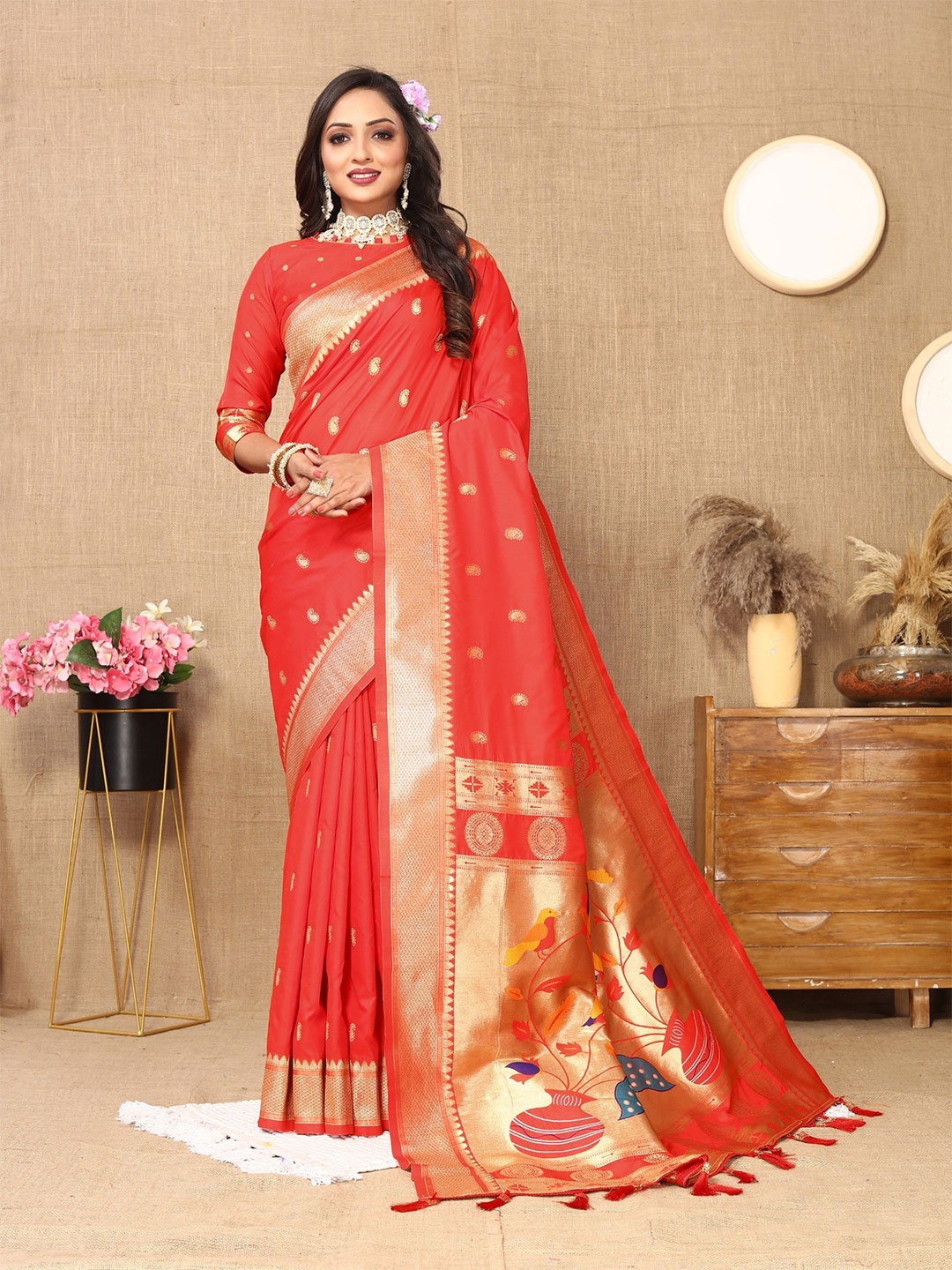 

LeeliPeeri Designer Woven Design Zari Silk Blend Paithani Saree, Red