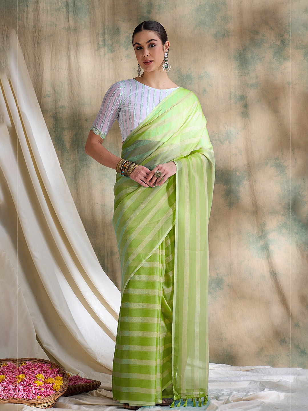 

Maroosh Striped Zari Banarasi Saree, Green