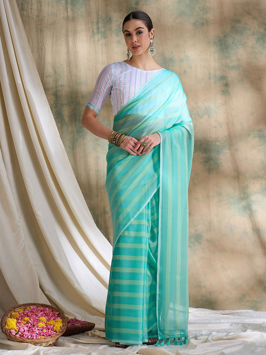 

Maroosh Striped Banarasi Saree, Sea green