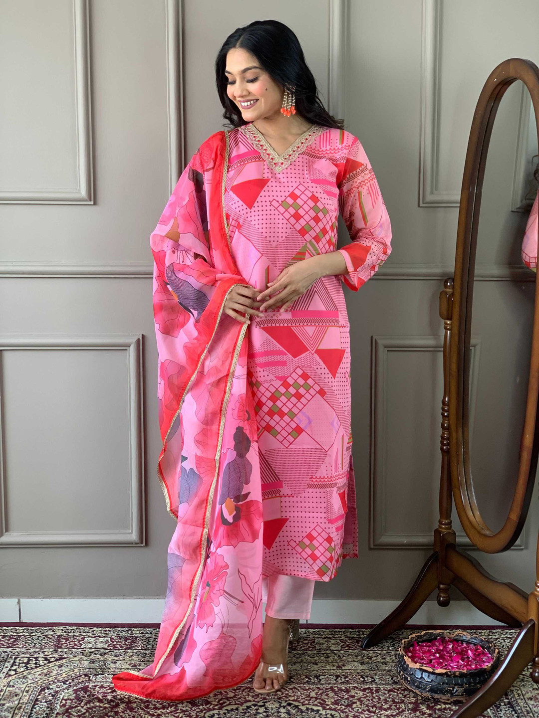 

KALINI Women Embroidered Regular Thread Work Chanderi Silk Kurta with Trousers & With Dupatta, Pink